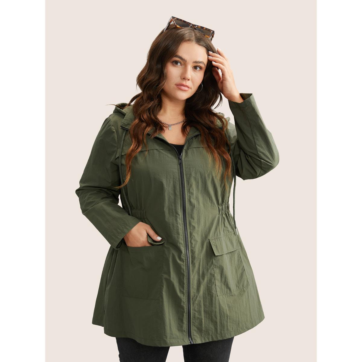 Plus Size Plain Hooded Drawstring Gathered Zipper Jacket Women ArmyGreen Non Patch pocket Everyday Jackets BloomChic 10/M Product Image