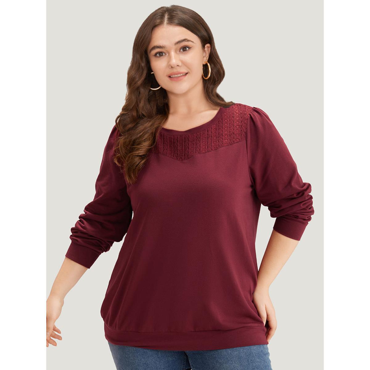 Plus Size Plain Eyelet Lace Crew Neck Sweatshirt Women Burgundy Elegant Elastic cuffs Round Neck Dailywear Sweatshirts BloomChic 14-16/1X Product Image