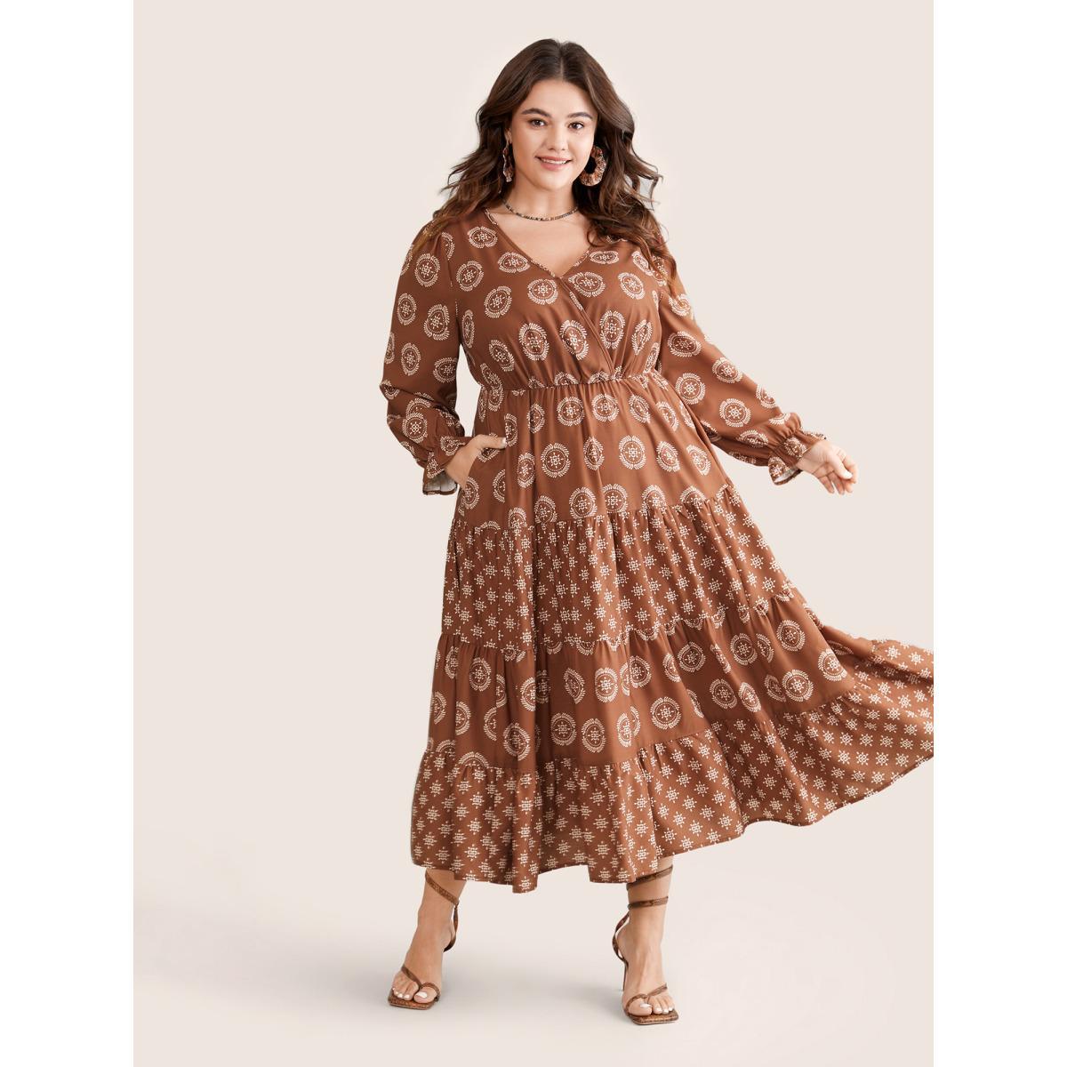 Plus Size Geometric Wrap Ruffle Layered Hem Dress Chocolate Women Vacation Wrap Overlap Collar Long Sleeve Curvy Midi Dress BloomChic 28/5X Product Image