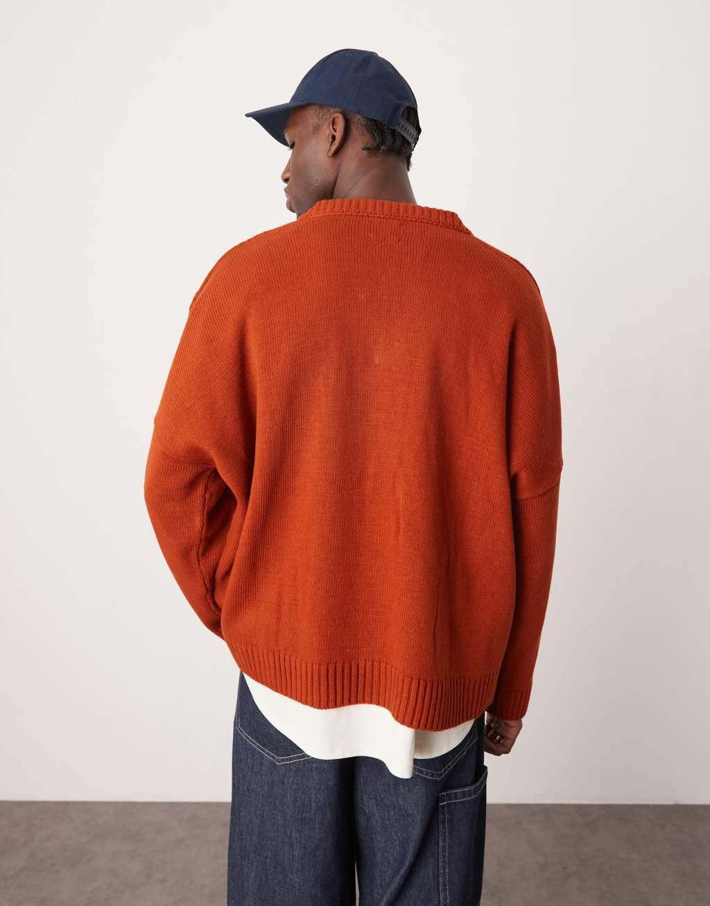 ASOS DESIGN super oversized stitch detail v-neck knit boxy sweater in burnt orange Product Image