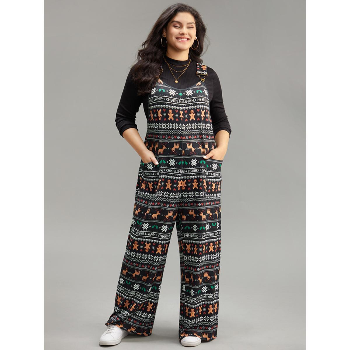 Plus Size Black Christmas Print Adjustable Straps Jumpsuit Women Casual Sleeveless Spaghetti Strap Dailywear Loose Jumpsuits BloomChic 22-24/3X Product Image