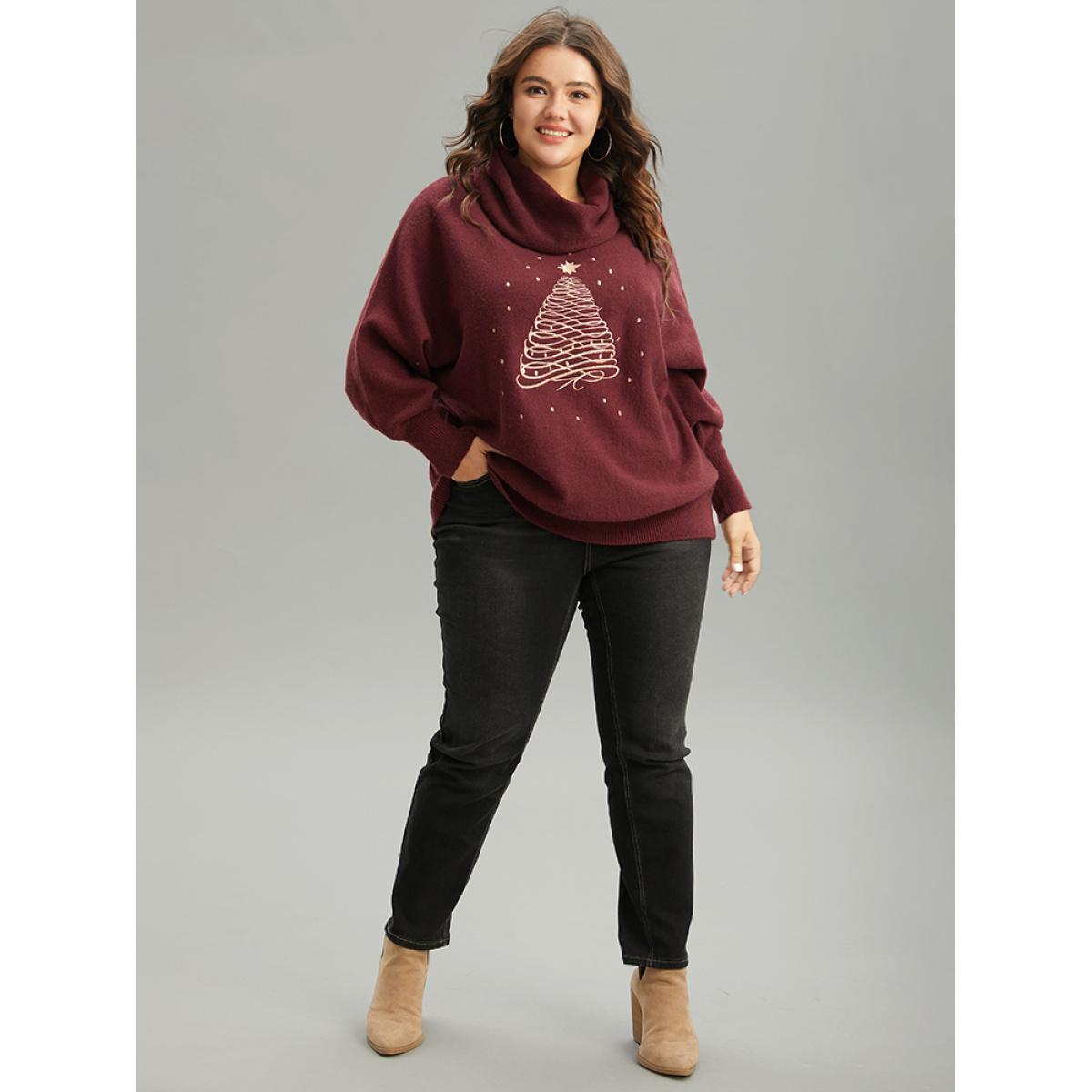 Plus Size Anti-Pilling Christmas Embroidered Turtle Neck Pullover Burgundy Women Casual Loose Long Sleeve Turtleneck Festival-Christmas Pullovers BloomChic 28/5X Product Image
