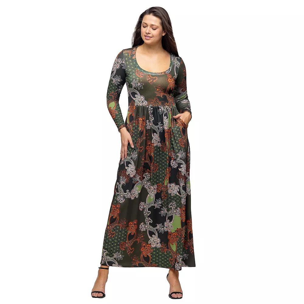 Women's 24Seven Comfort Apparel Printed Long Sleeve Empire Waist Pocket Maxi Dress, Size: XL, Green Team Product Image