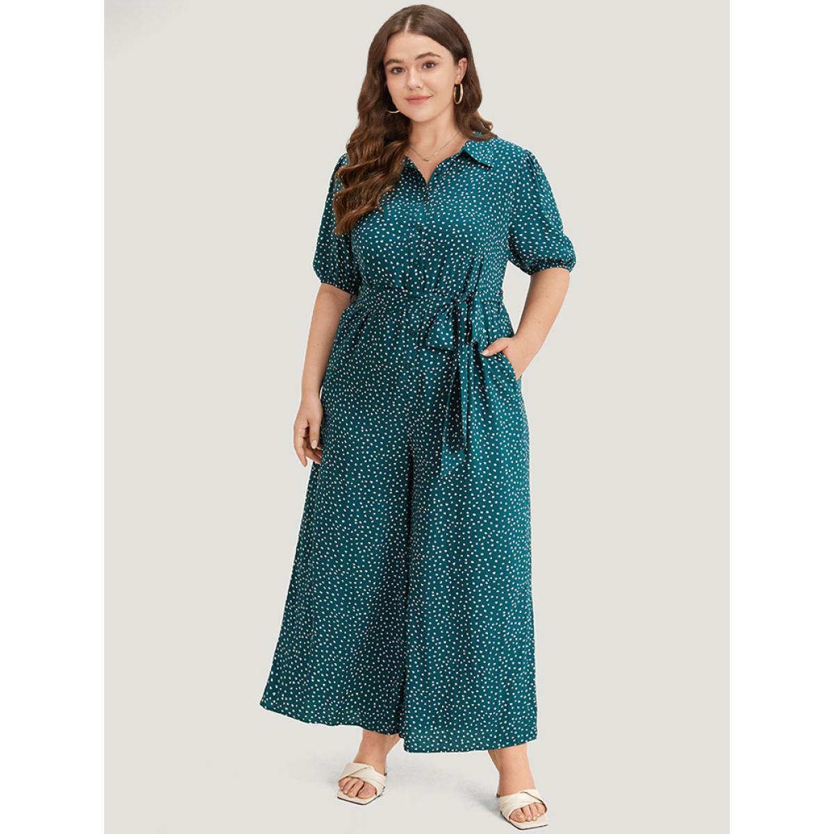 Plus Size Emerald Polka Dot Belted Puff Sleeve Shirt Collar Jumpsuit Women Office Short sleeve Shirt collar Work Loose Jumpsuits BloomChic 26/4X Product Image