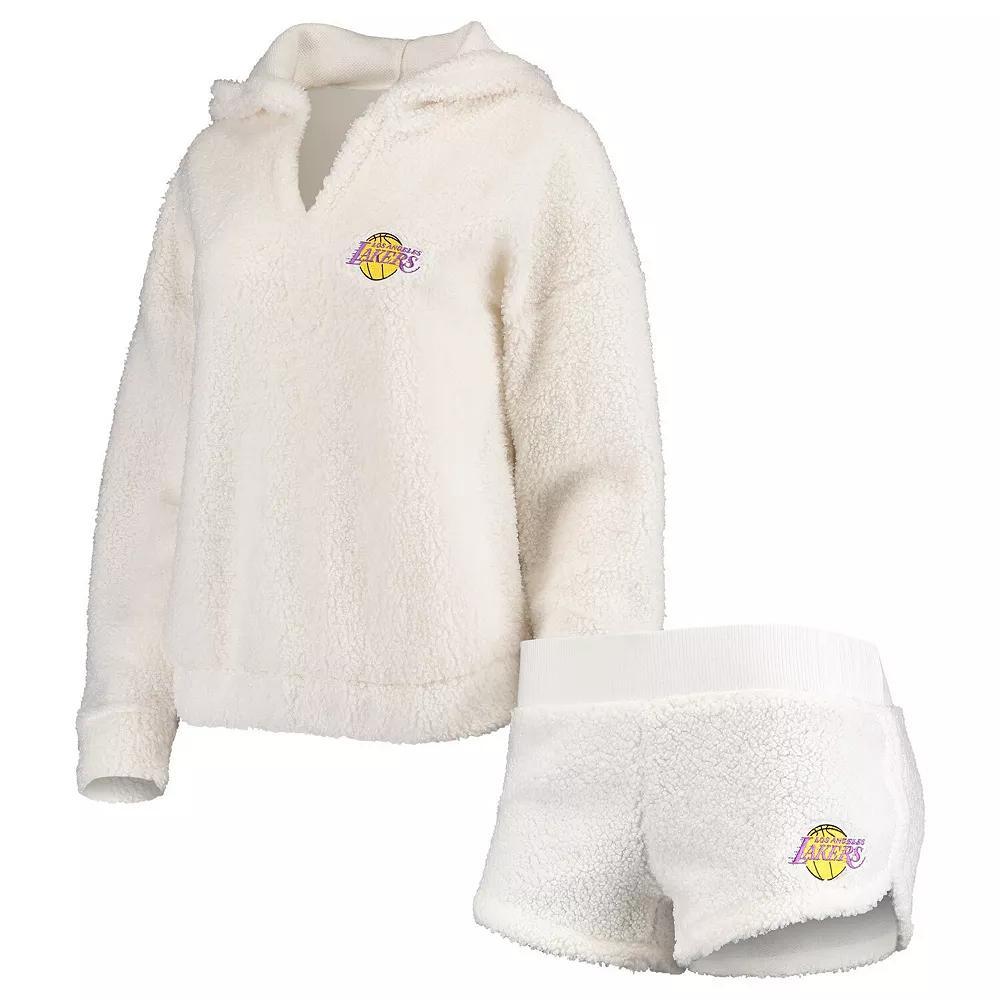 Women's Concepts Sport Cream Los Angeles Lakers Fluffy Long Sleeve Hoodie Top & Shorts Sleep Set, Size: 2XL, Beige Product Image