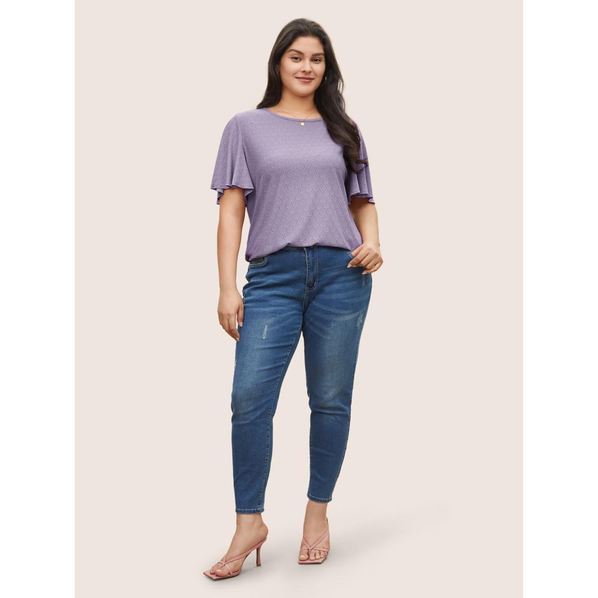 Plus Size Plain Textured Geometric Flutter Sleeve T-shirt Lavender Women Elegant Texture Plain Round Neck Everyday T-shirts BloomChic 30/6X Product Image