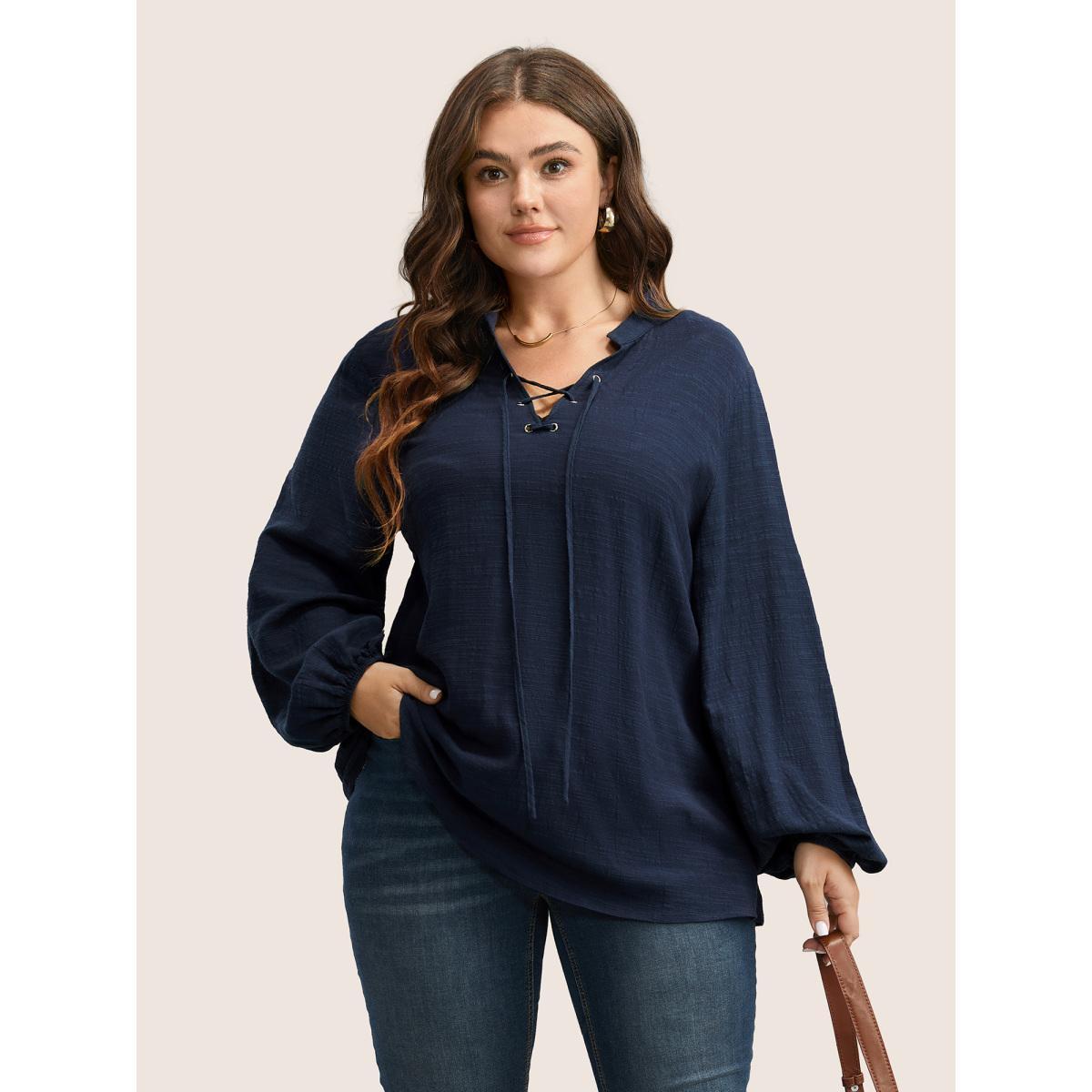 Plus Size Scarlet Plain Lace Up Lantern Sleeve Blouse Women Casual Long Sleeve Shirt collar Everyday Blouses BloomChic 10/M Product Image