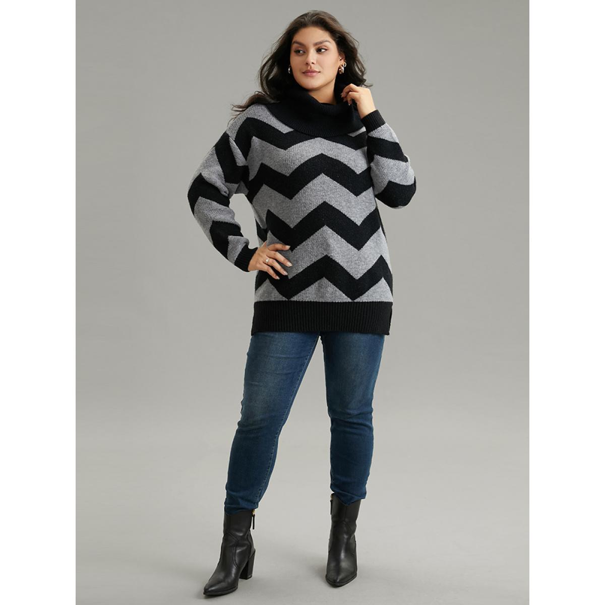 Plus Size Geo Striped Turtle Neck Drop Shoulder Pullover Black Women Casual Loose Long Sleeve Turtleneck Dailywear Pullovers BloomChic 22-24/3X Product Image