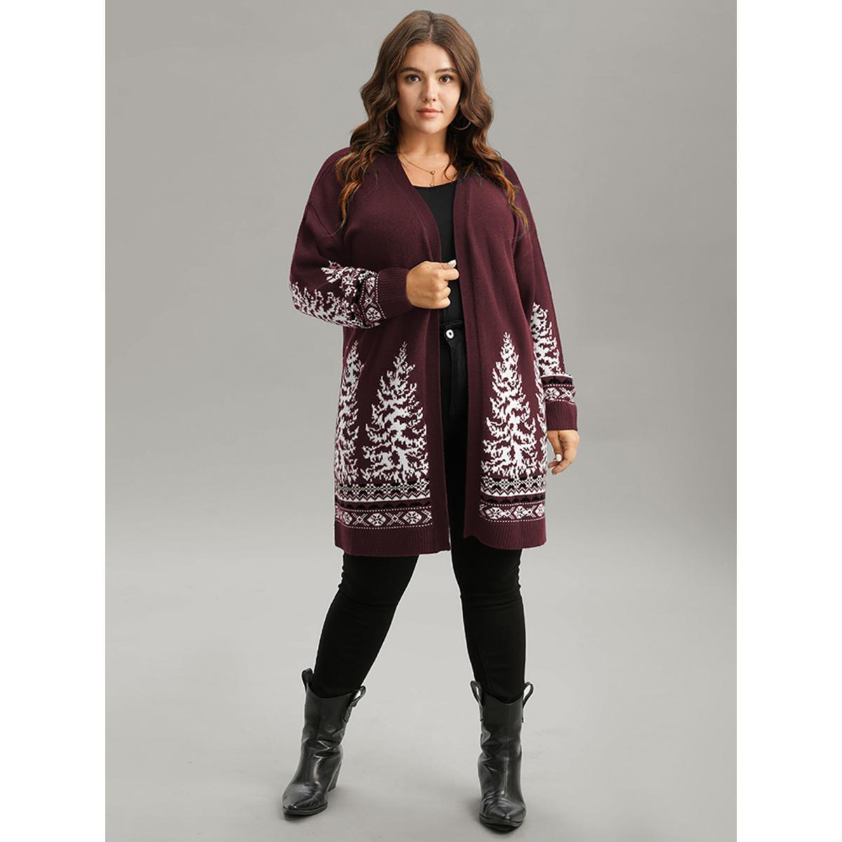 Plus Size Christmas Trees Contrast Cardigan Scarlet Women Casual Loose Long Sleeve Festival-Christmas Cardigans BloomChic 30/6X Product Image