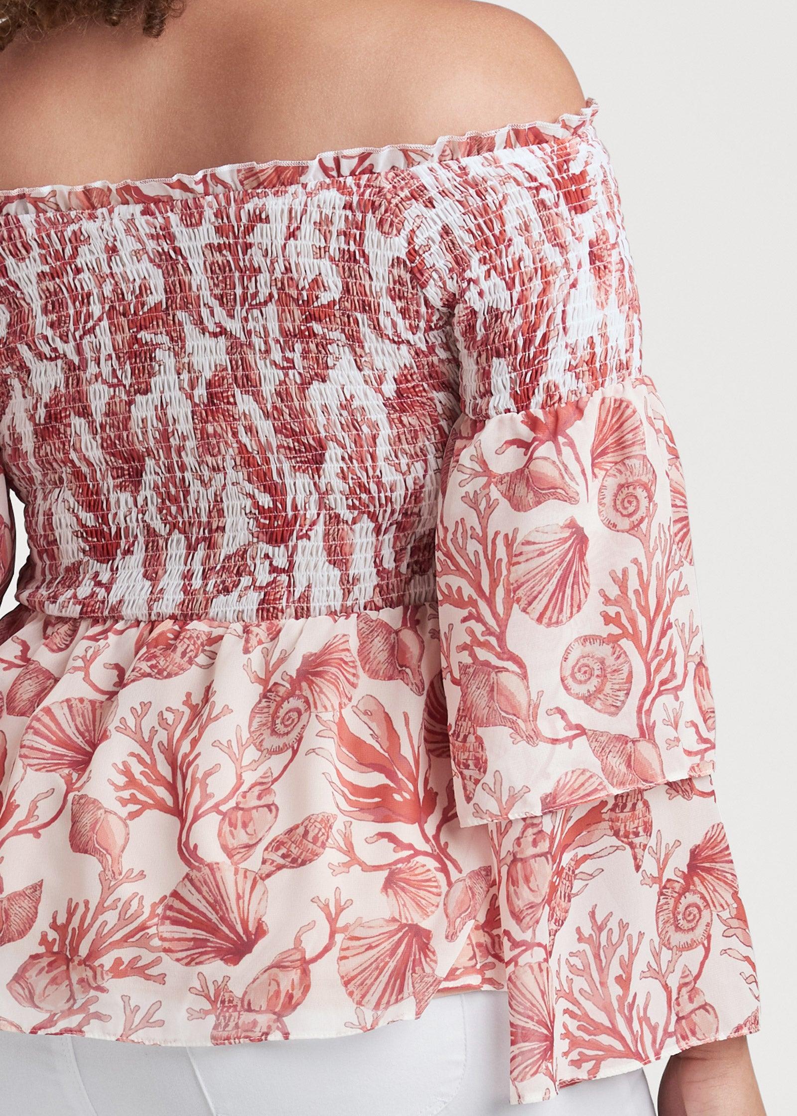 Coral Reef Smocked Top - White & Coral Product Image