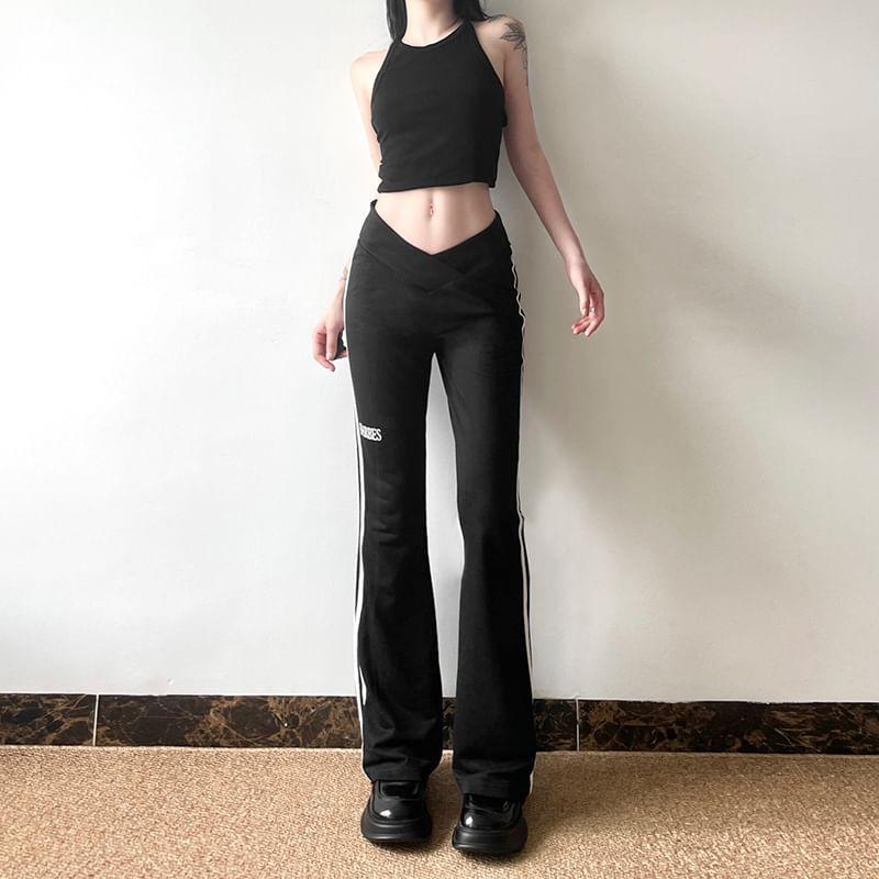 Low Waist Striped Lettering Flared Pants Product Image