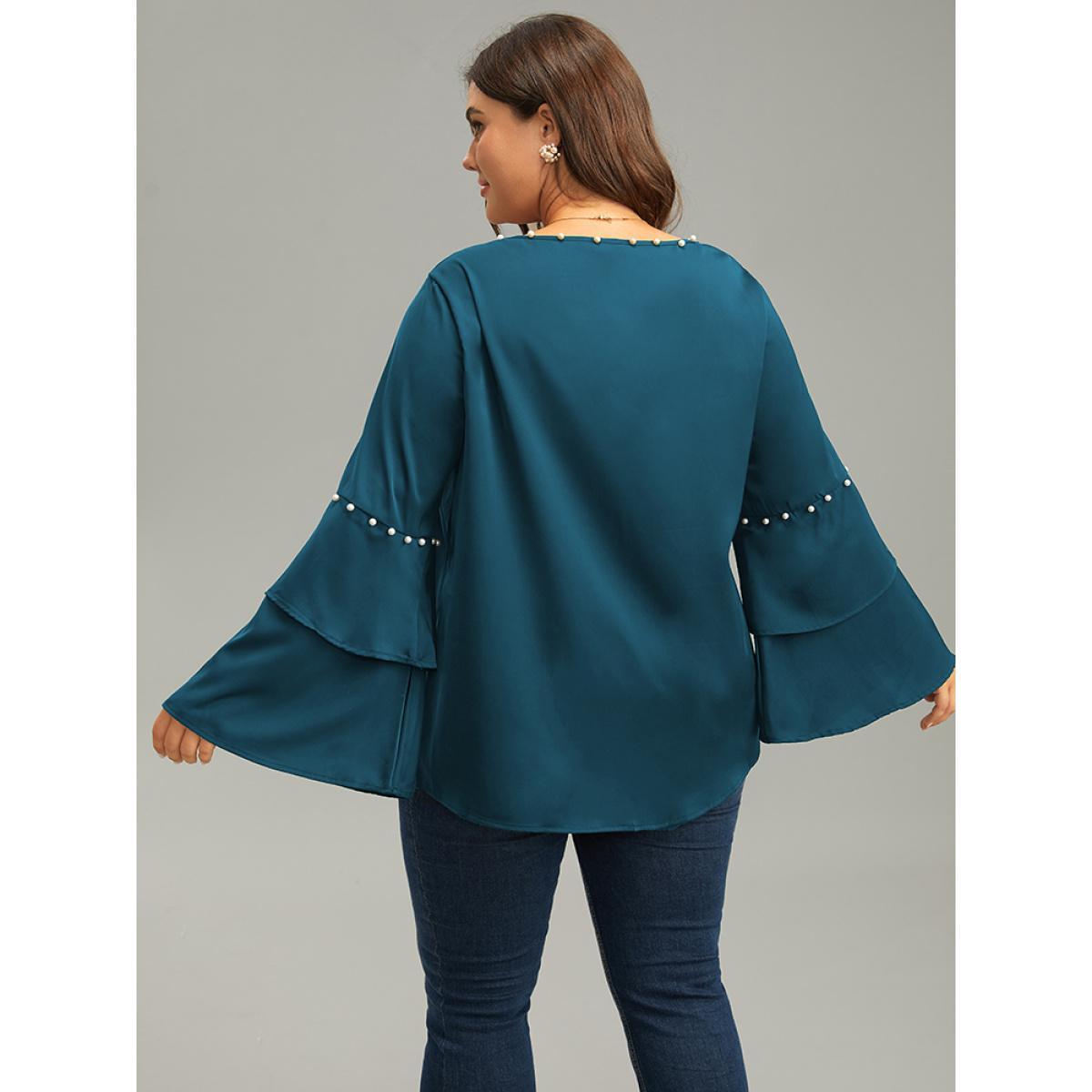Plus Size Cyan Anti-Wrinkle Pearl Beaded Ruffle Layered Sleeve Blouse Women Glamour Long Sleeve Round Neck Going out Blouses BloomChic 18-20/2X Product Image
