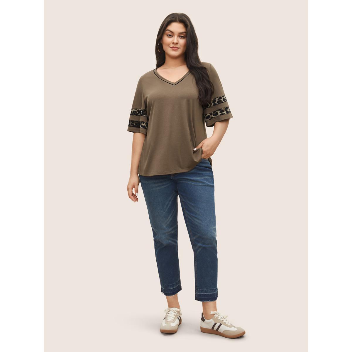 Plus Size Leopard Print Patchwork Ruffle Sleeve T-shirt DarkBrown Women Casual Contrast Leopard V-neck Everyday T-shirts BloomChic 30/6X Product Image