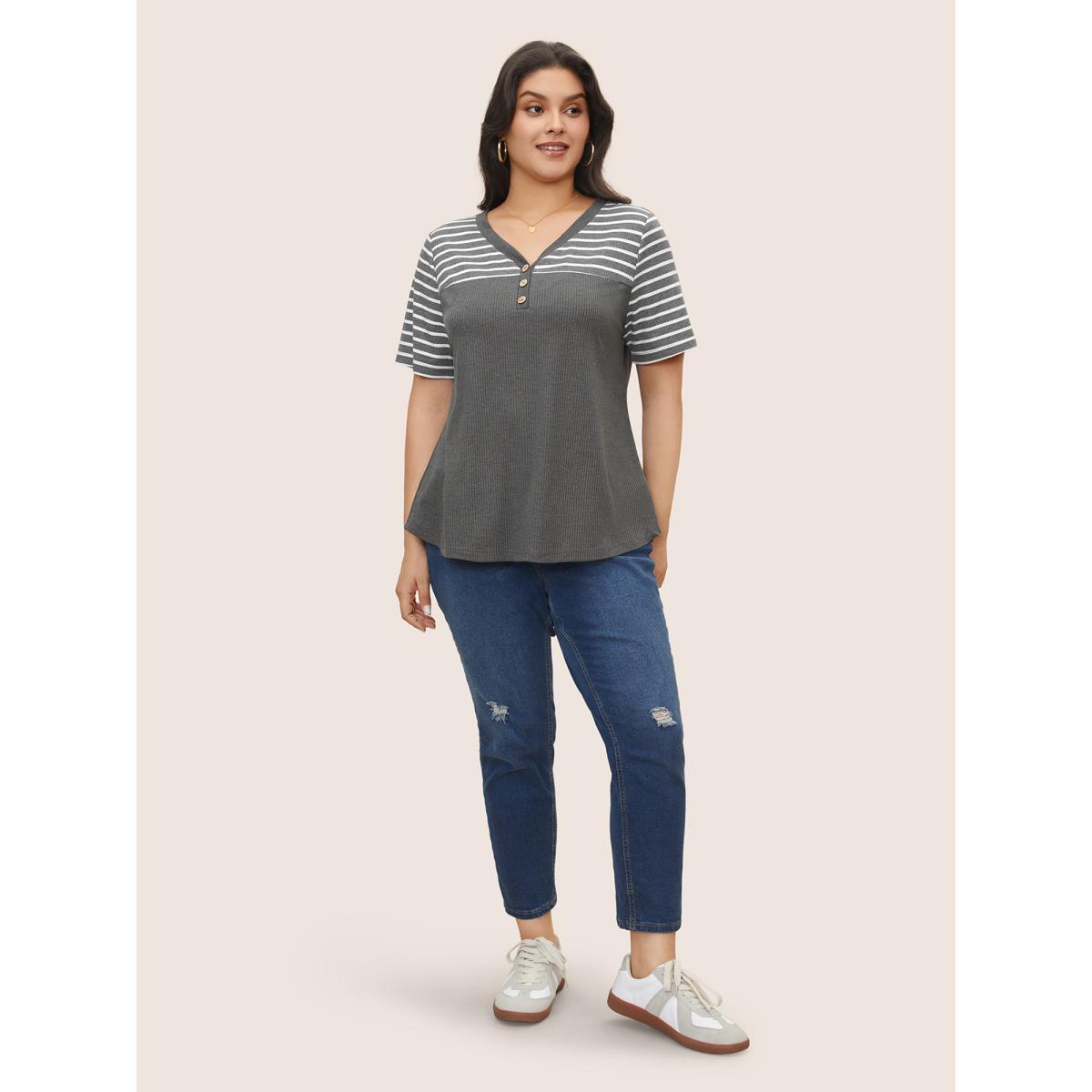 Plus Size Striped Patchwork Button Detail Rib Knit T-shirt DimGray Women Casual Contrast V-neck Everyday T-shirts BloomChic 10/M Product Image