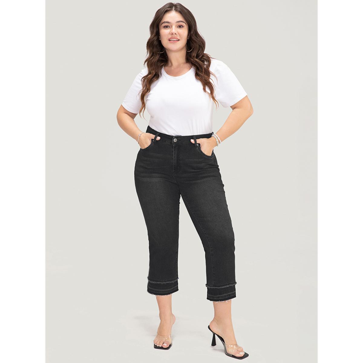 Plus Size Bootcut Very Stretchy High Rise Dark Wash Fringe Detail Jeans Women Black Casual Plain High stretch Slanted pocket Jeans BloomChic 30/6X Product Image