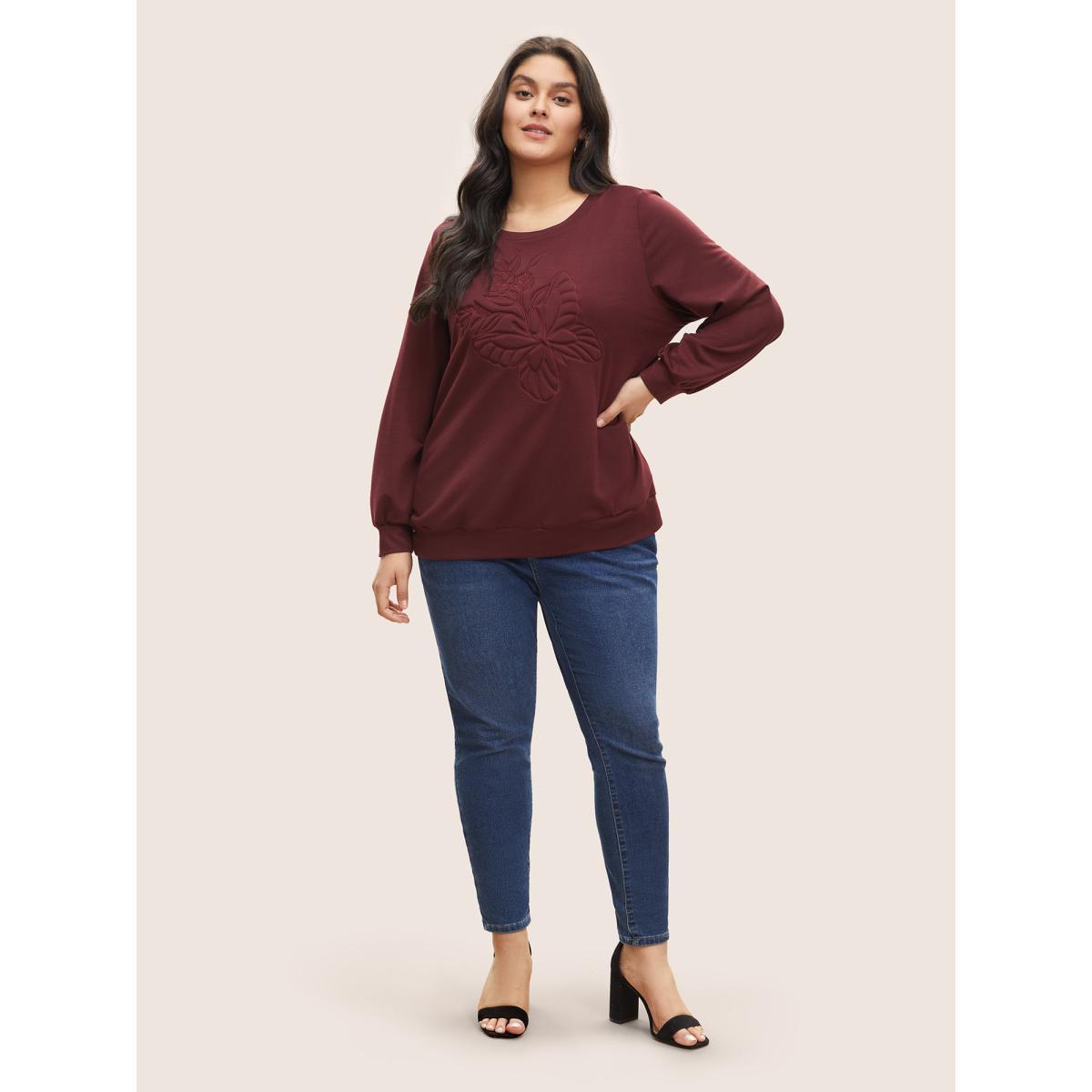 Plus Size Butterfly & Floral Embroidered Crew Neck Sweatshirt Women Burgundy Casual Non Round Neck Everyday Sweatshirts BloomChic 14-16/1X Product Image