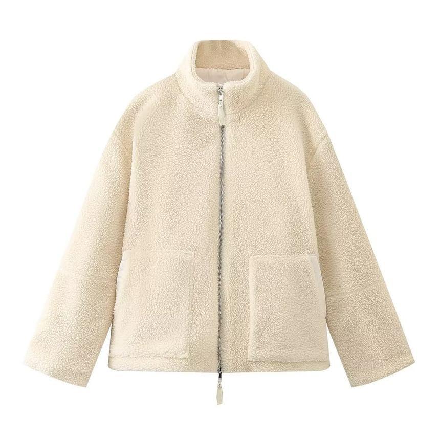 Stand Collar Plain Fleece Zip Jacket Product Image