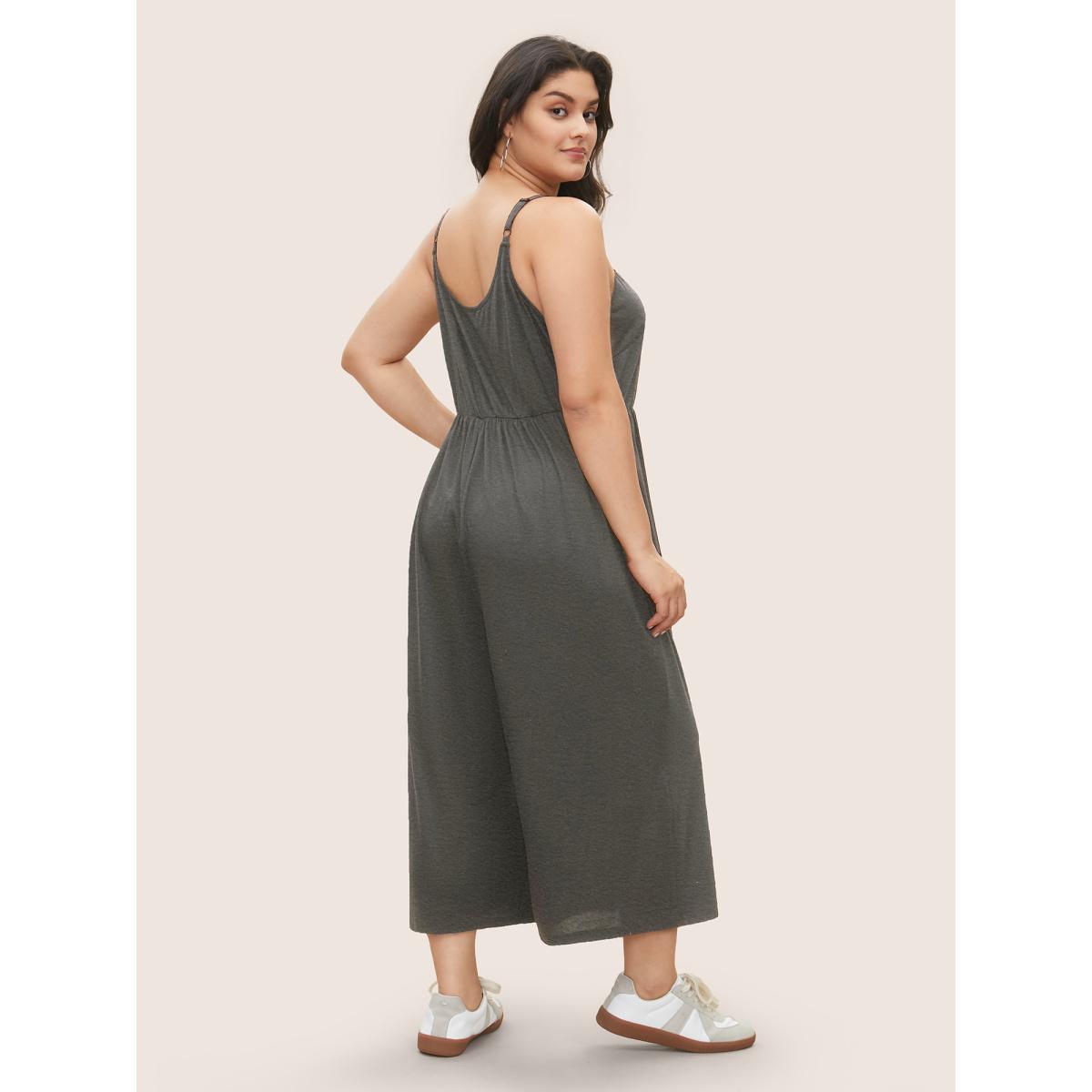 Plus Size DarkGray Solid Button Detail Gathered Jumpsuit Women Casual Sleeveless Non Everyday Loose Jumpsuits BloomChic 28/5X Product Image