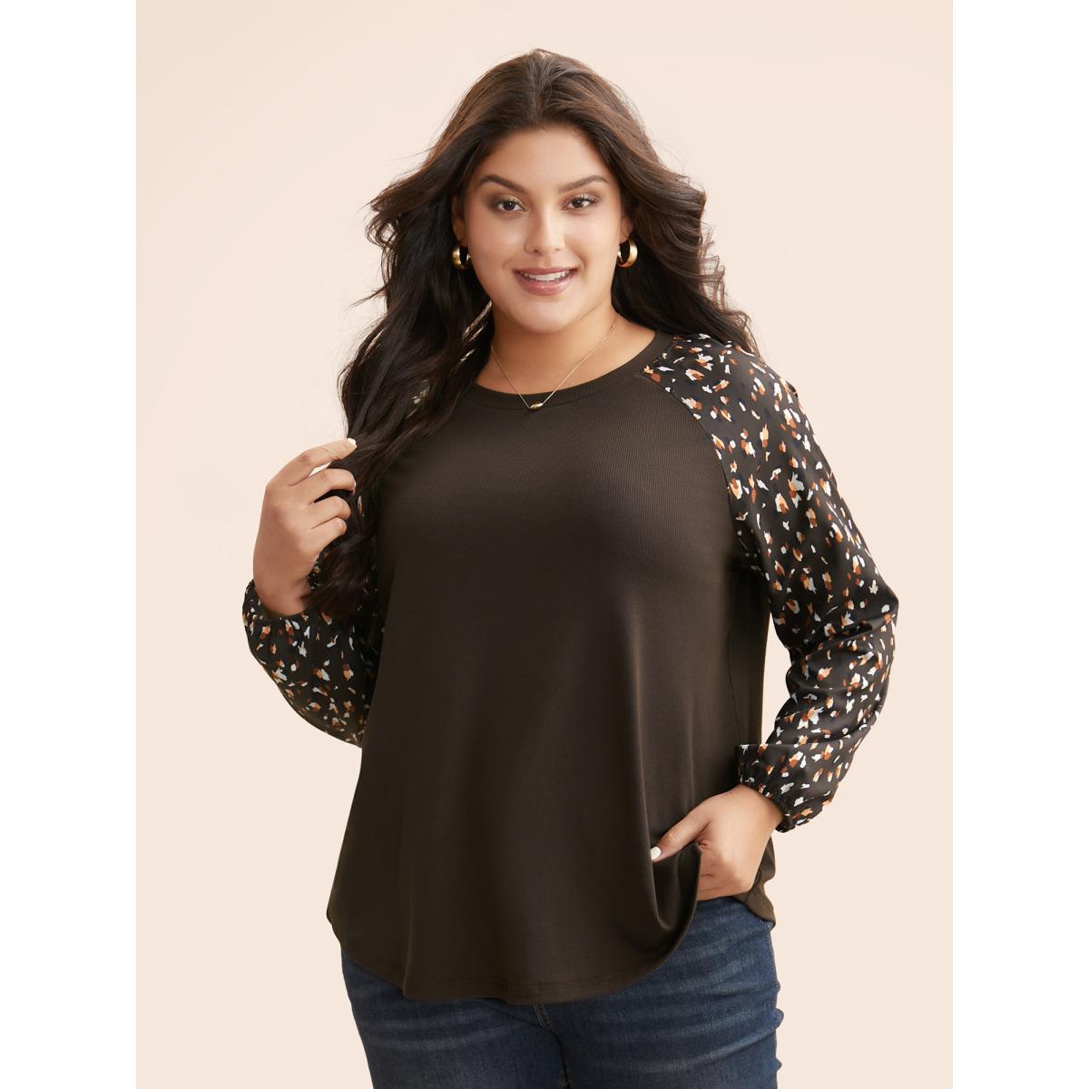Plus Size Allover Print Patchwork Raglan Sleeve T-shirt DarkBrown Women Casual Contrast Round Neck Everyday T-shirts BloomChic 30/6X Product Image