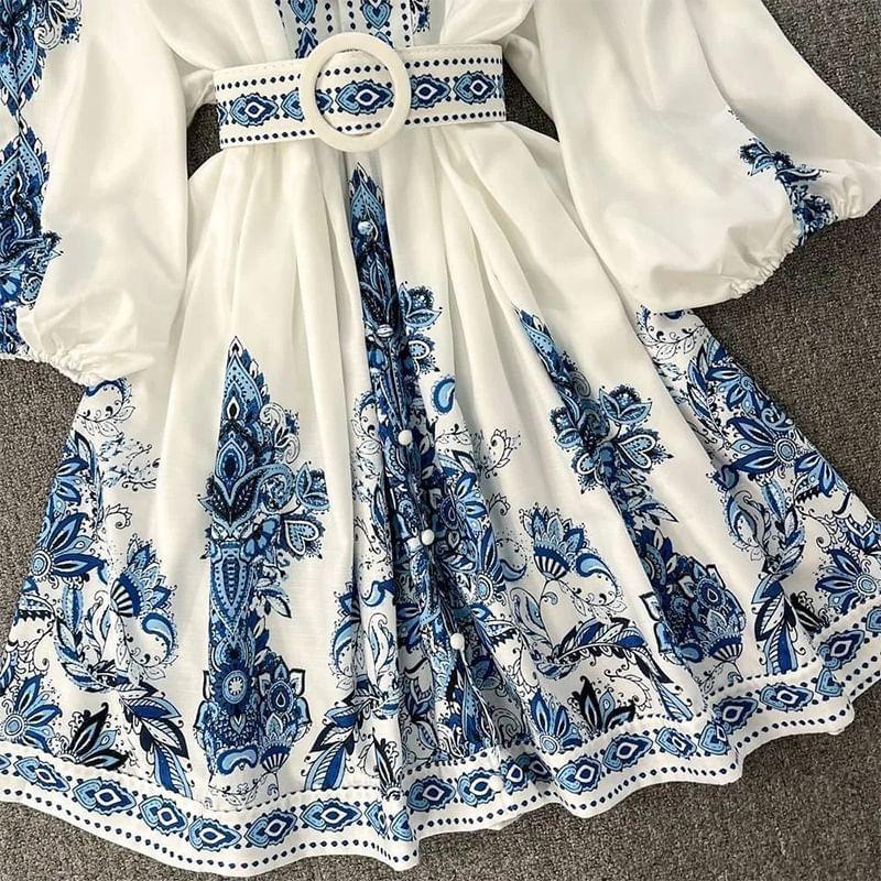 Puff-Sleeve V-Neck Print A-Line Tunic Dress Product Image