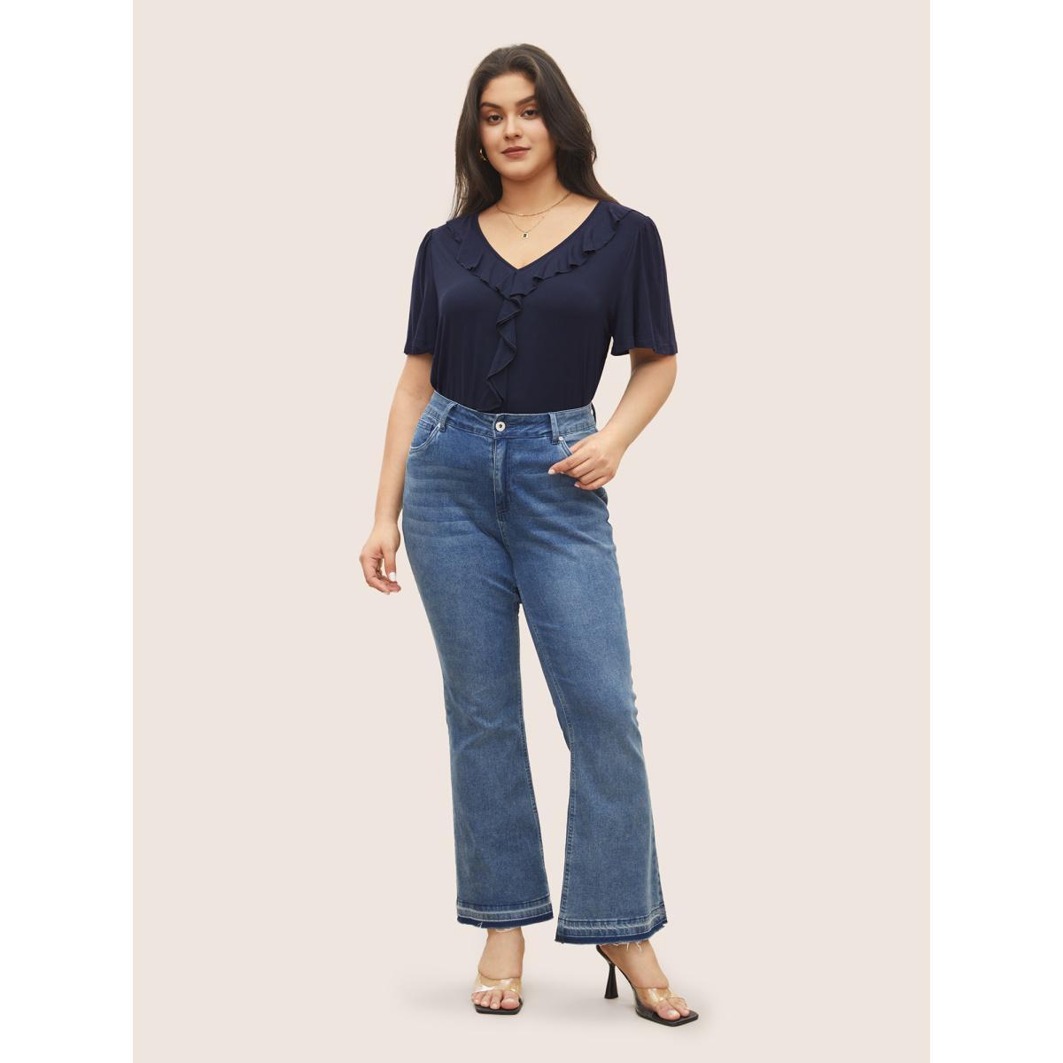 Plus Size Supersoft Essentials Solid Ruffle Trim T-shirt Indigo Women Elegant Non Plain V-neck Everyday T-shirts BloomChic 10/M Product Image