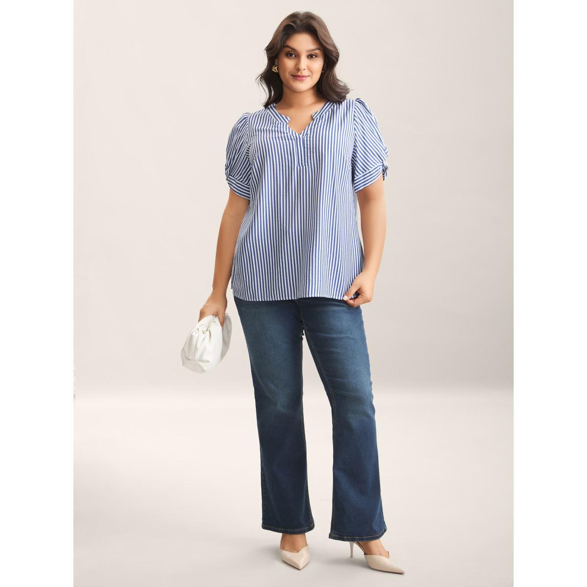 Plus Size DarkBlue Stripes Knotted Sleeve Notched Collar Blouse Women Short sleeve Notched collar Work Blouses BloomChic 22-24/3X Product Image