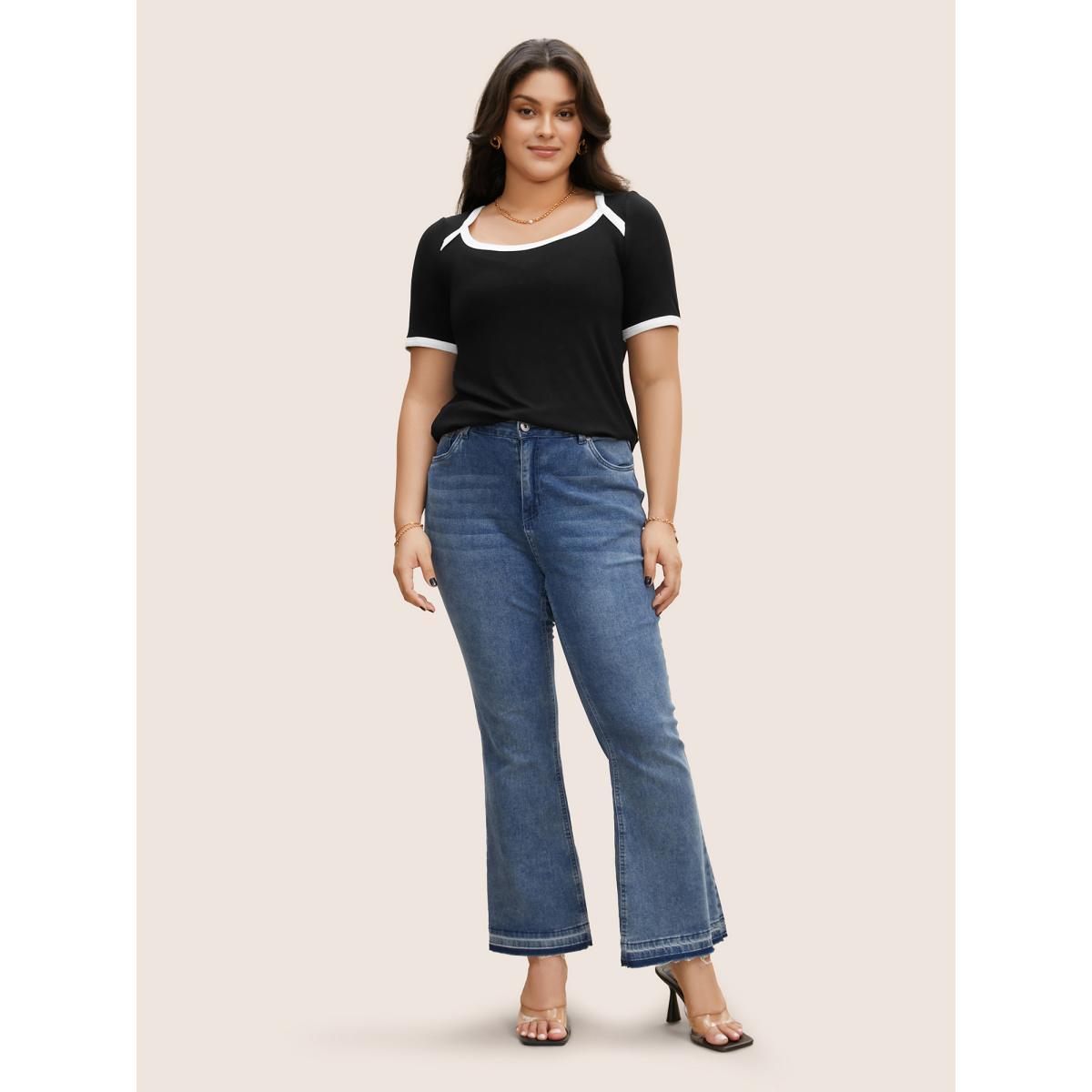Plus Size Asymmetrical Neck Contrast Trim Pit Strip T-shirt Black Women Elegant Contrast Asymmetrical Neck Bodycon Everyday T-shirts BloomChic 26/4X Product Image