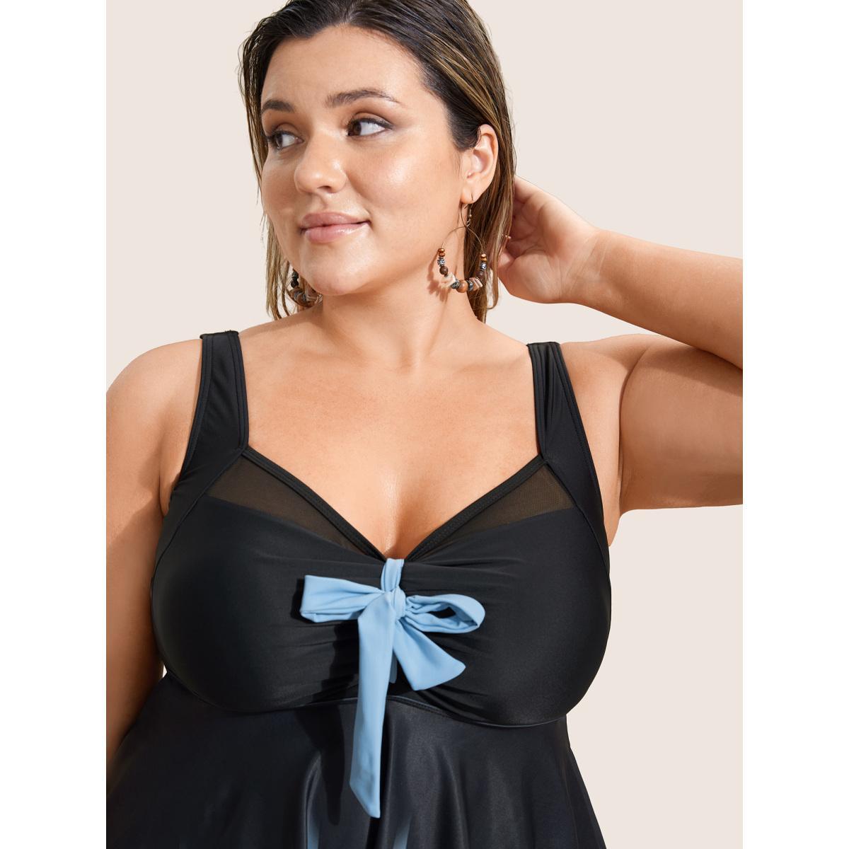 Plus Size Ombre Bowknot Ruched Mesh Patchwork Swim Top Women's Swimwear Black Beach Tie knot High stretch Bodycon Heart neckline Curve Swim Tops BloomChic 18-20/2X Product Image