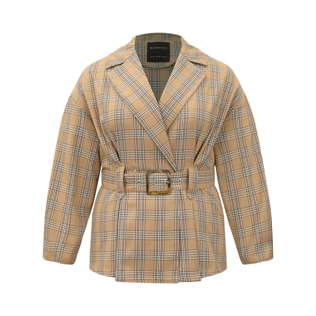 Plus Size Plaid Metal Buckle Detail Pleated Coat Women Tan Casual Belted Ladies Dailywear Winter Coats BloomChic 28/5X Product Image