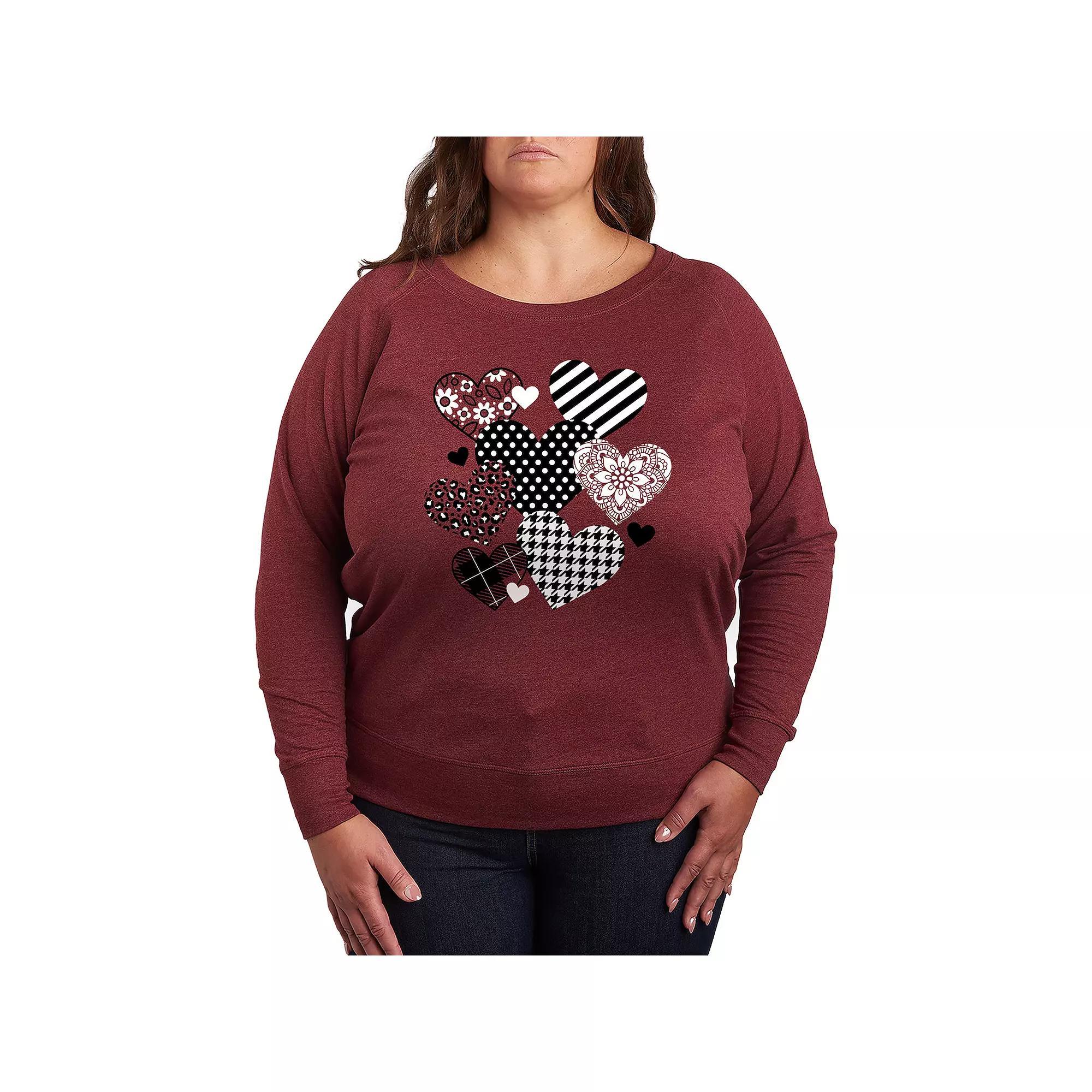 Plus Size Patterned Hearts Long Sleeve Graphic Tee, Womens Grey Maroon Product Image