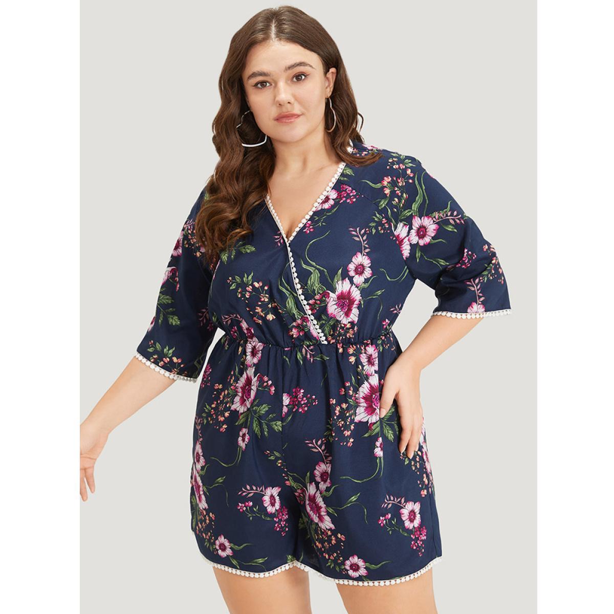 Plus Size DarkBlue Floral Print Overlap Collar Contrast Trim Pocket Jumpsuit Women Vacation Elbow-length sleeve V-neck Dailywear Loose Jumpsuits BloomChic 12/L Product Image