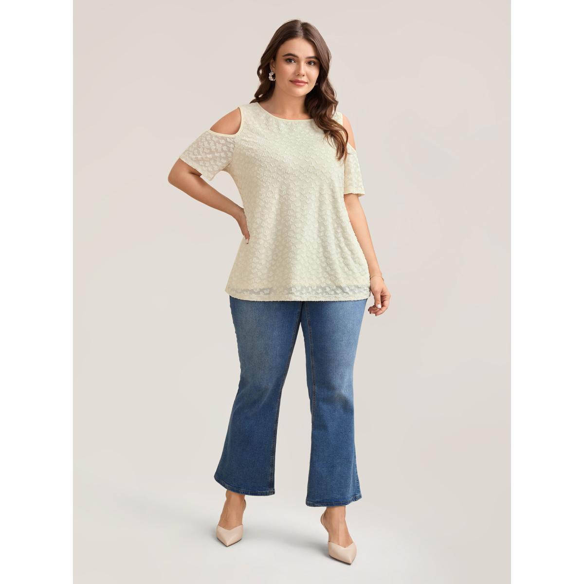 Plus Size Textured Off-Shoulder Lined T-Shirt Beige Women Elegant Texture Round Neck Everyday T-shirts BloomChic 12/L Product Image