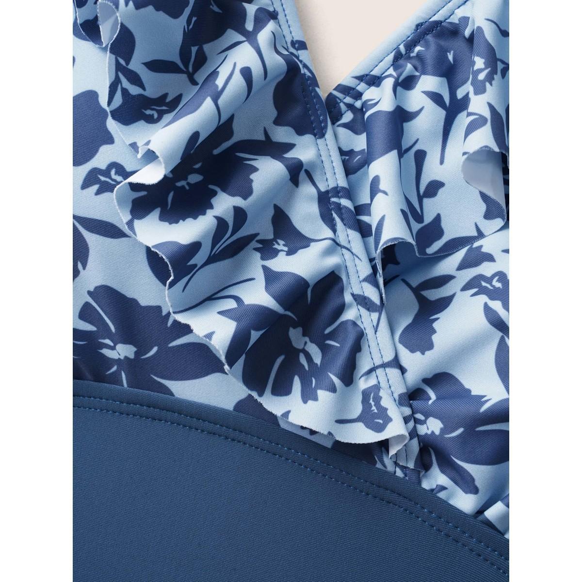 Plus Size Silhouette Floral Print Patchwork Ruffles One Piece Swimsuit Women's Swimwear Indigo Beach Gathered Curve Bathing Suits High stretch One Pieces BloomChic 22-24/3X Product Image