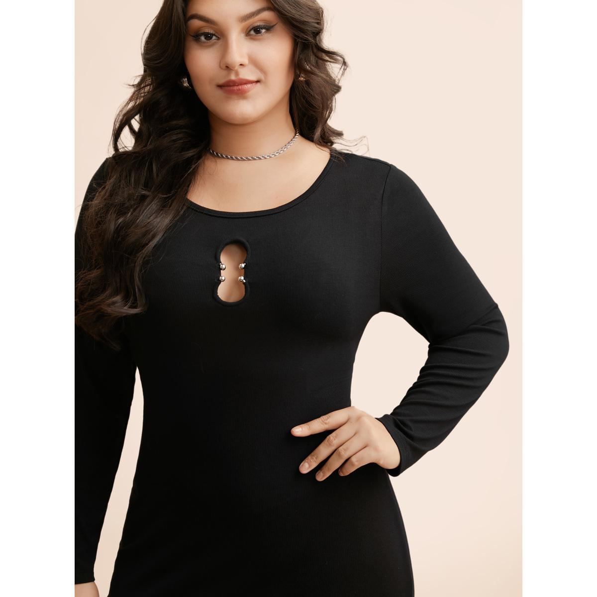 Plus Size Metal Detail Keyhole Split Hem Dress Black Women Elegant Texture Boat Neck Long Sleeve Curvy BloomChic 30/6X Product Image