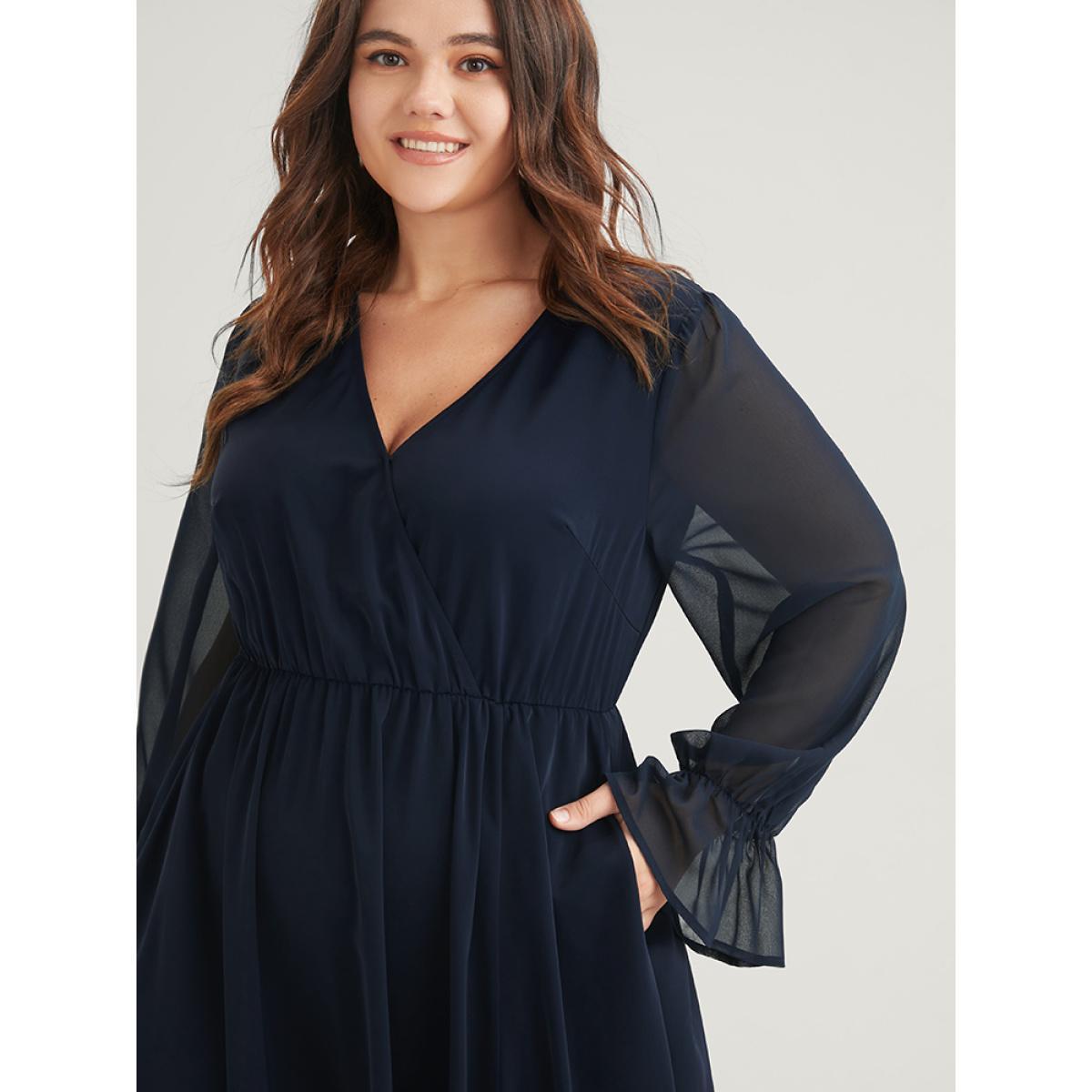 Plus Size Solid Button Split Pocket Wrap Lantern Sleeve Ruffles Hem Dress DarkBlue Women Casual Wrap V-neck Long Sleeve Curvy Midi Dress BloomChic 28/5X Product Image