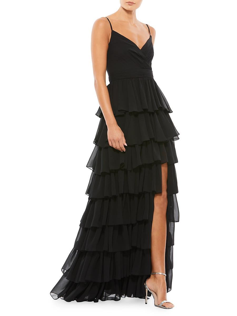 Mac Duggal Tiered Ruffle V-Neck Sleeveless V-Back Thigh High Slit A Product Image