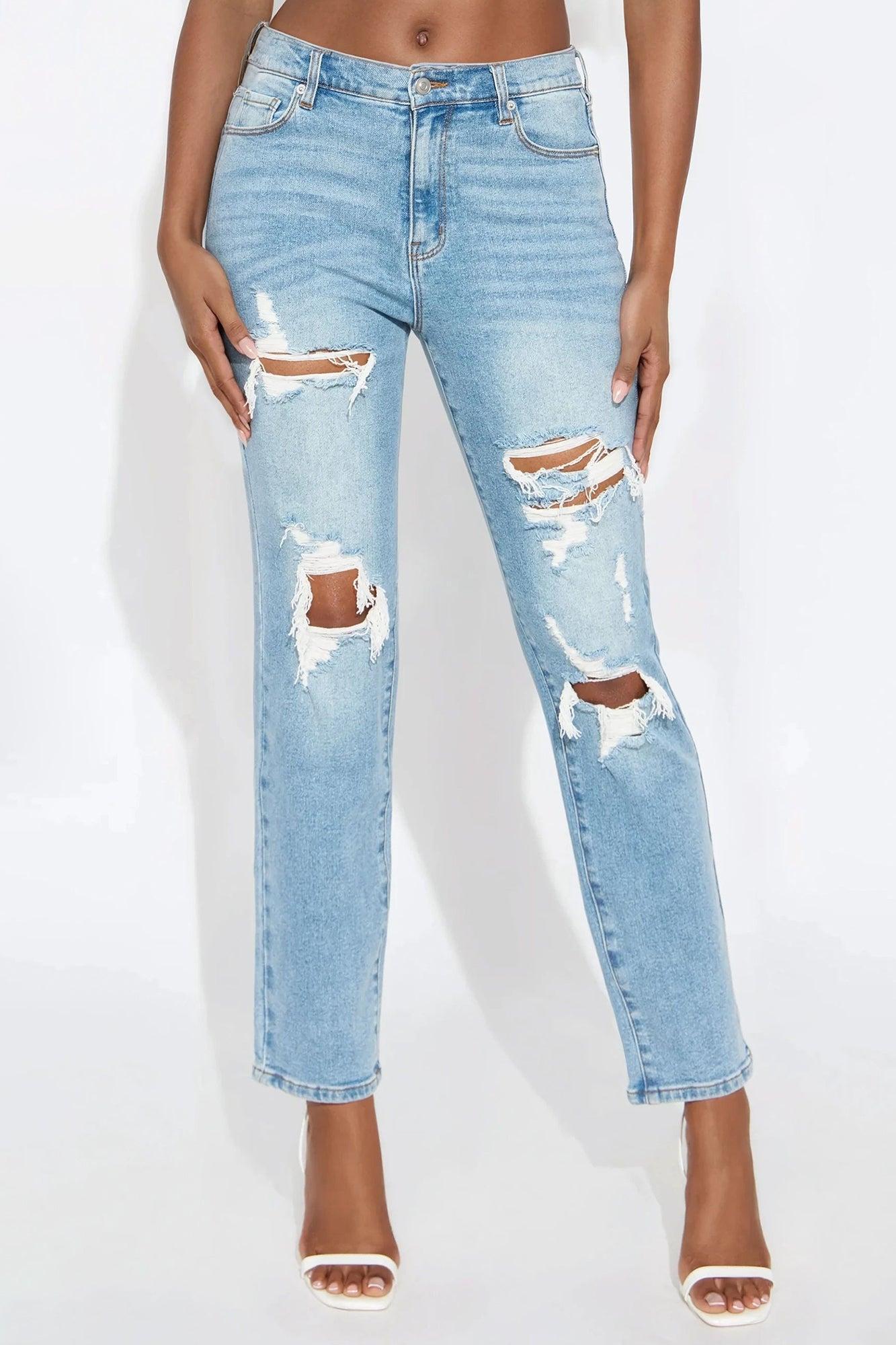 Tall Because I Said So Destroyed Mom Jeans - Medium Blue Wash Product Image