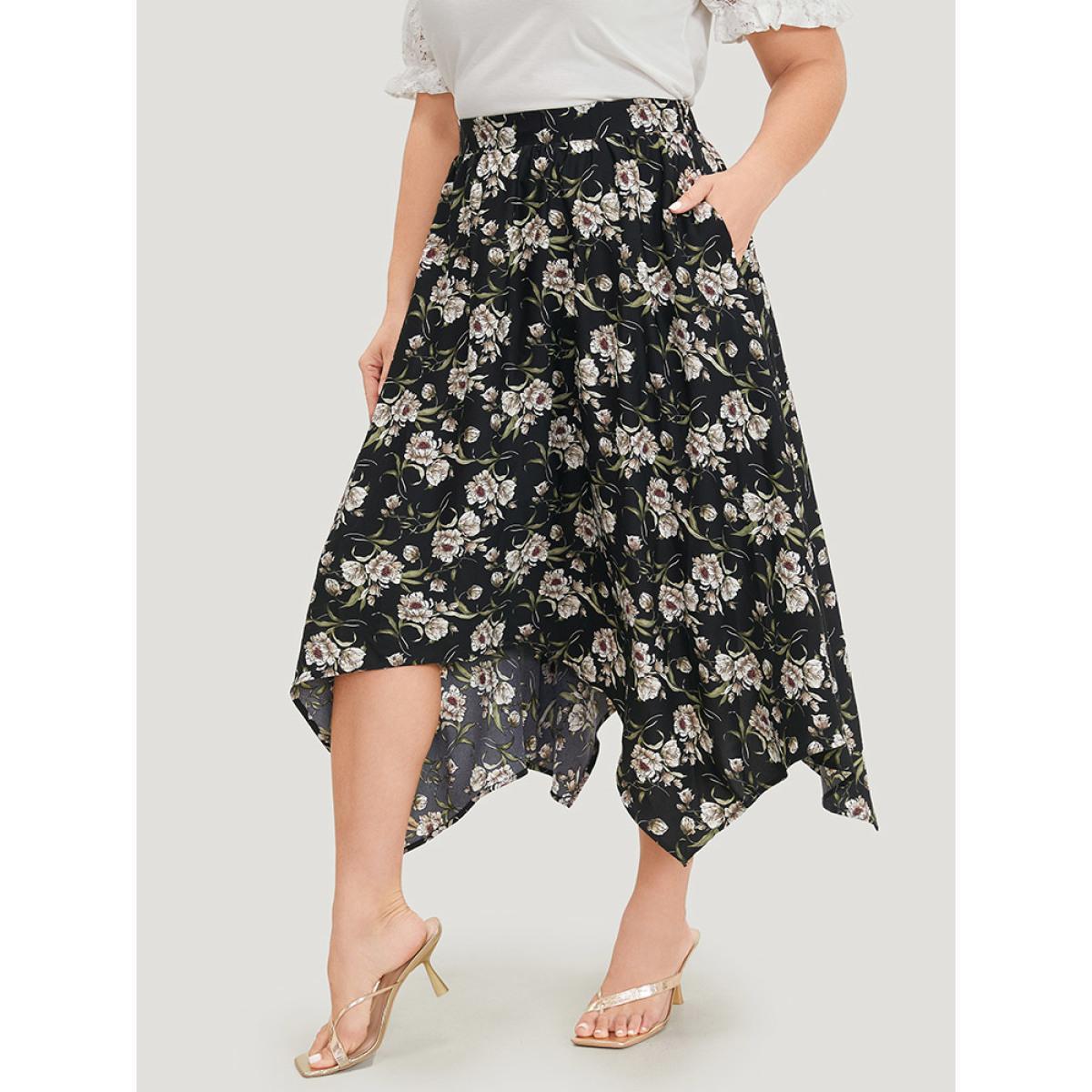 Plus Size Floral Print Pocket Elastic Waist Hanky Hem Skirt Women BlackFlower Elegant Printed No stretch Dailywear Skirts BloomChic 12/L Product Image