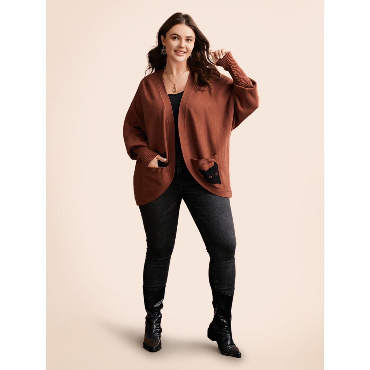 Plus Size Cat Printed Pockets Arc Hem Cardigan Browncoffeecolor Women Casual Loose Long Sleeve Everyday Cardigans BloomChic 10/M Product Image