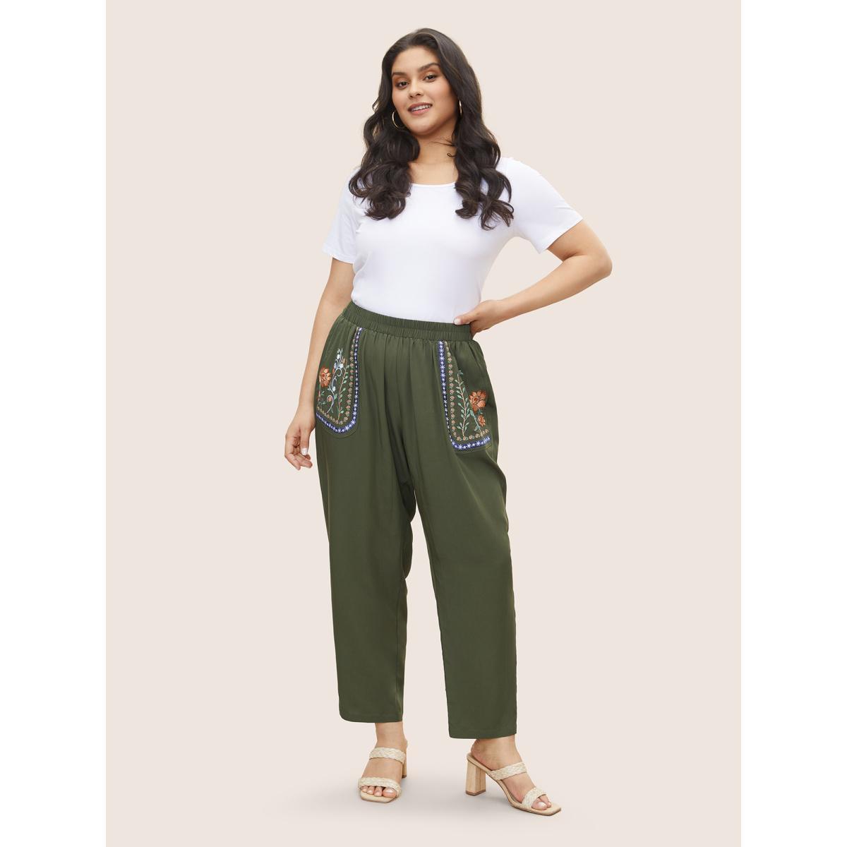 Plus Size Floral Embroidered Elastic Waist Slanted Pocket Pants Women ArmyGreen Resort Loose High Rise Vacation Pants BloomChic 10/M Product Image