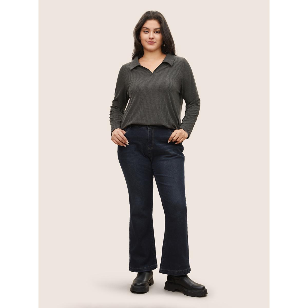 Plus Size Plain Lapel Collar Rib Knit T-shirt DimGray Women Casual Non Plain Lapel Collar Everyday T-shirts BloomChic 26/4X Product Image
