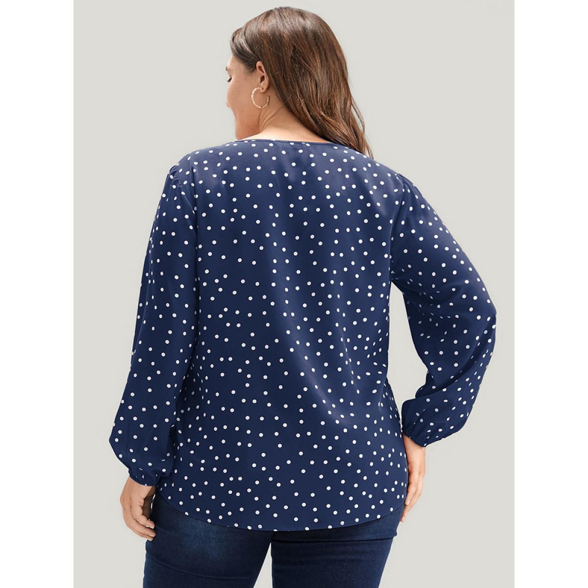 Plus Size Blue Polka Dot Lantern Sleeve Notched Blouse Women Elegant Long Sleeve V-neck Dailywear Blouses BloomChic 30/6X Product Image