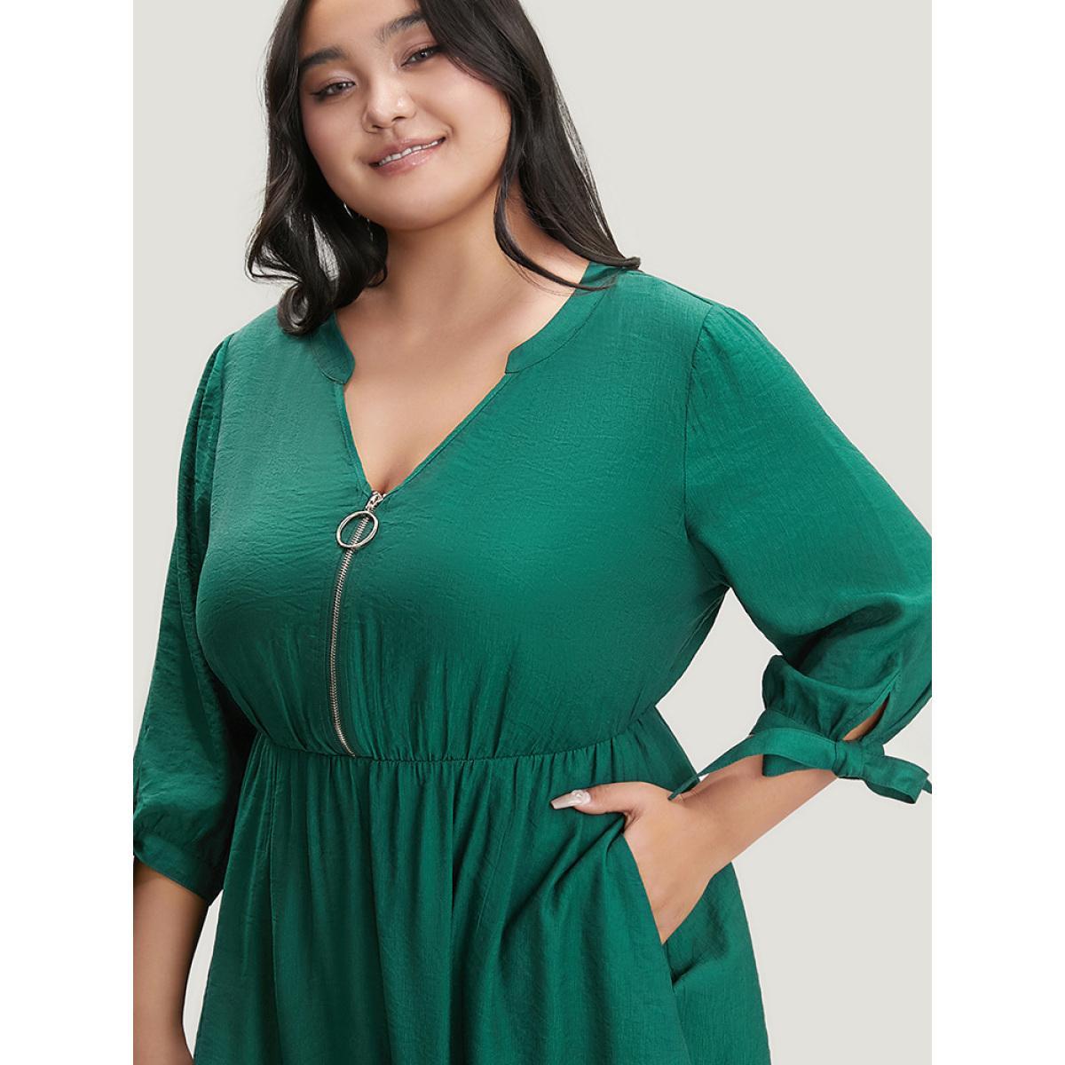 Plus Size Solid Pocket Knot Sleeve Half Zipper Arc Hem Dress DarkGreen Women Office Cross straps V-neck Elbow-length sleeve Curvy Midi Dress BloomChic 30/6X Product Image