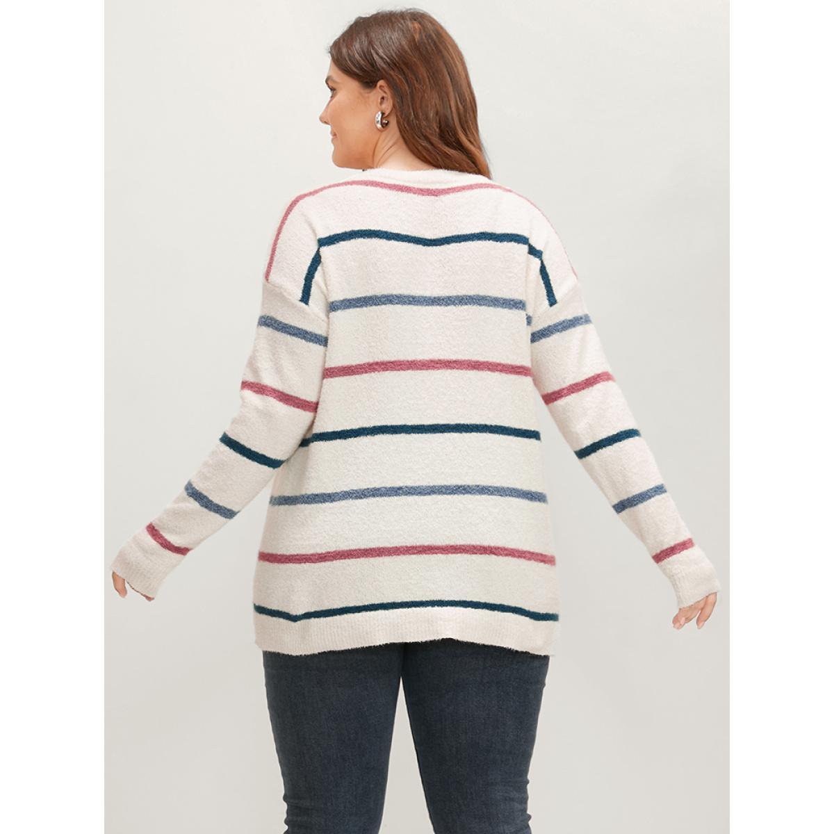 Plus Size Striped Contrast Super Soft Knit V Neck Fluffy Knit Top Ivory Women Elegant Loose Long Sleeve V-neck Dailywear Pullovers BloomChic 22-24/3X Product Image