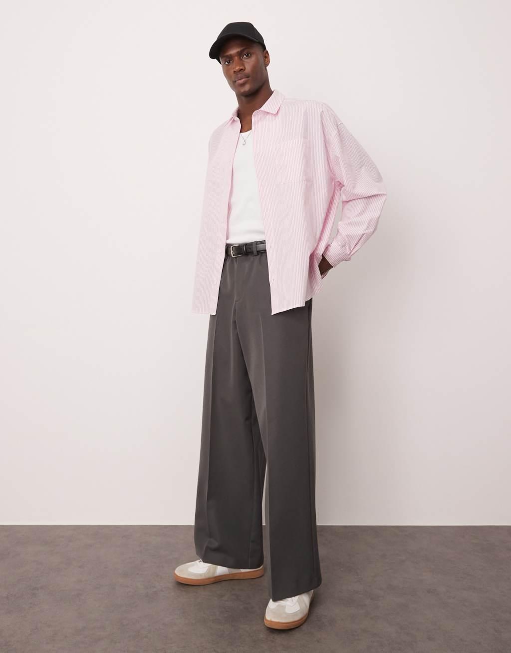 ASOS DESIGN volume oversized shirt in pink stripe Product Image