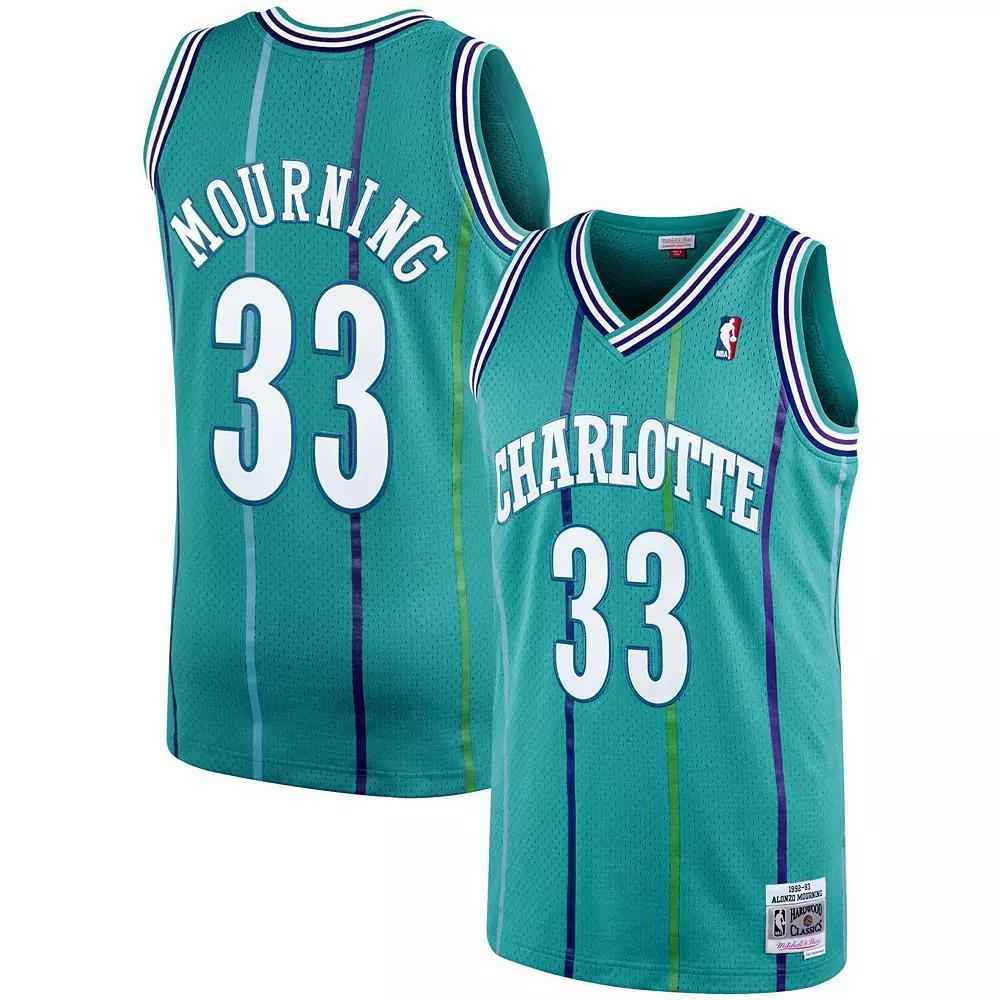 Men's Mitchell & Ness Alonzo Mourning Teal Charlotte Hornets Hardwood Classics Swingman Jersey, Size: Small, Chr Blue Product Image