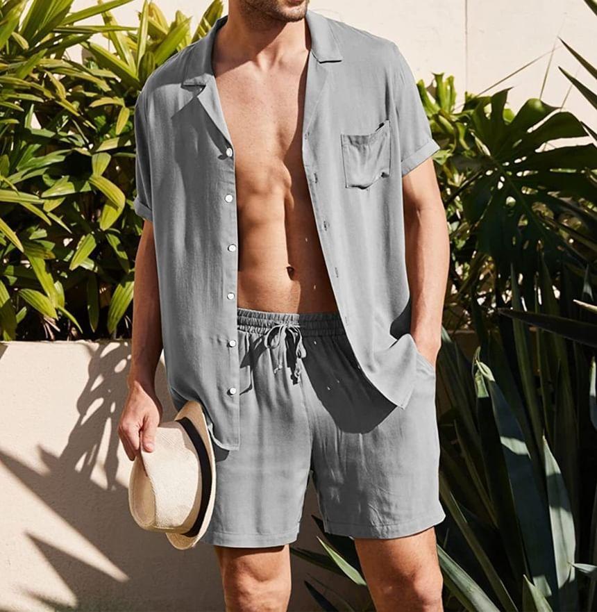 Set: Short-Sleeve Lapel Collar Plain Pocket Detail Shirt + Drawstring Waist Shorts Product Image