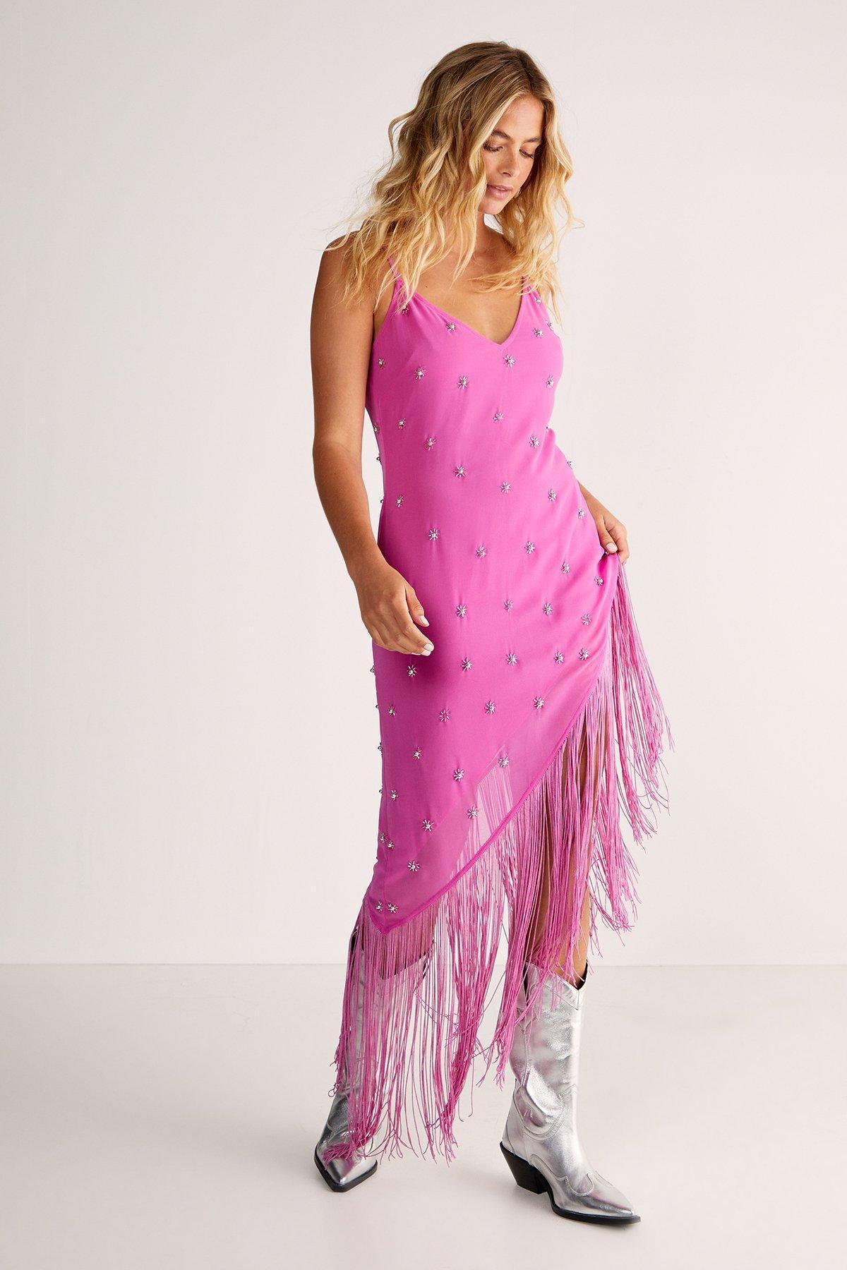 Studded Fringe Asymmetric Midi Dress Product Image
