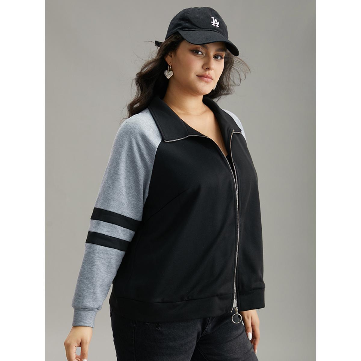 Plus Size Contrast Contrast Trim O Ring Zipper Jacket Women Black Contrast Everyday Jackets BloomChic 22-24/3X Product Image
