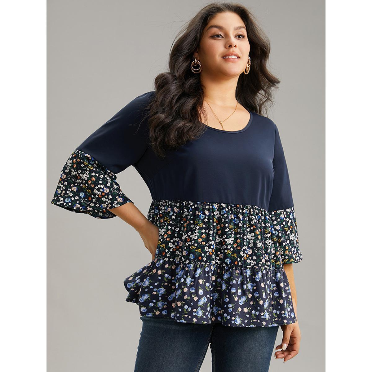 Plus Size Indigo Ditsy Floral Patchwork Tiered Flutter Sleeve Blouse Women Casual Elbow-length sleeve Scoop Neck Everyday Blouses BloomChic 30/6X Product Image